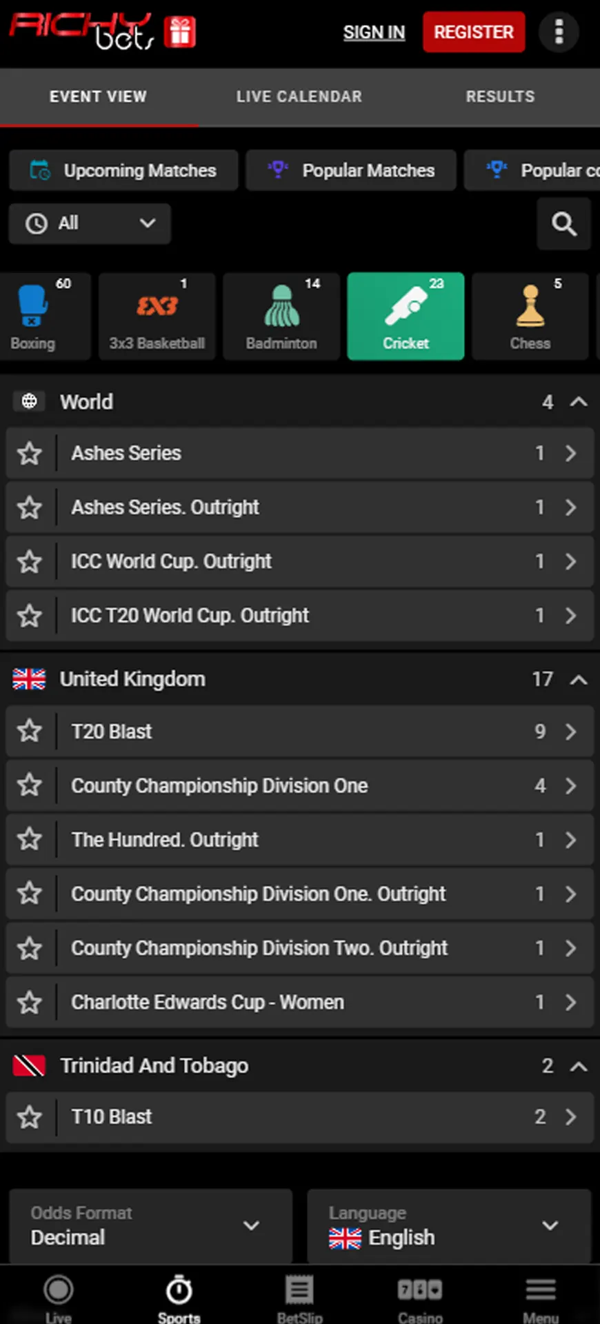 Make a bet on the cricket match.