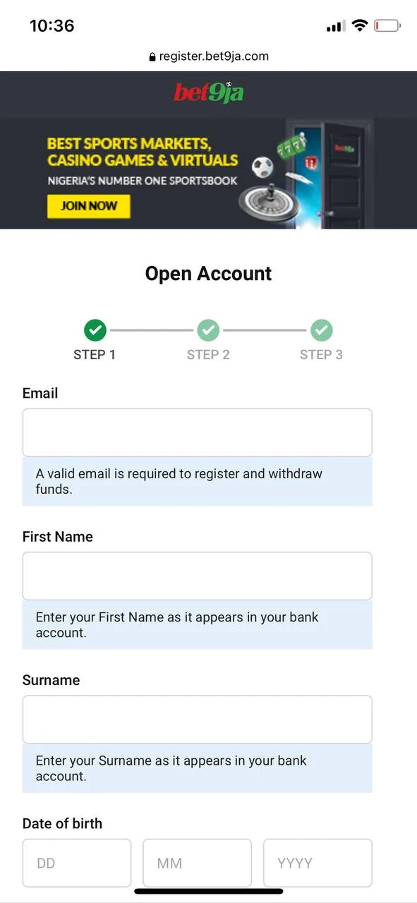 Complete a simple registration on the Bet9ja.